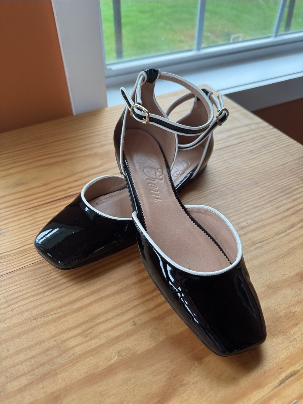 J. Crew Black Patent Ankle-Strap Flats with White Trim